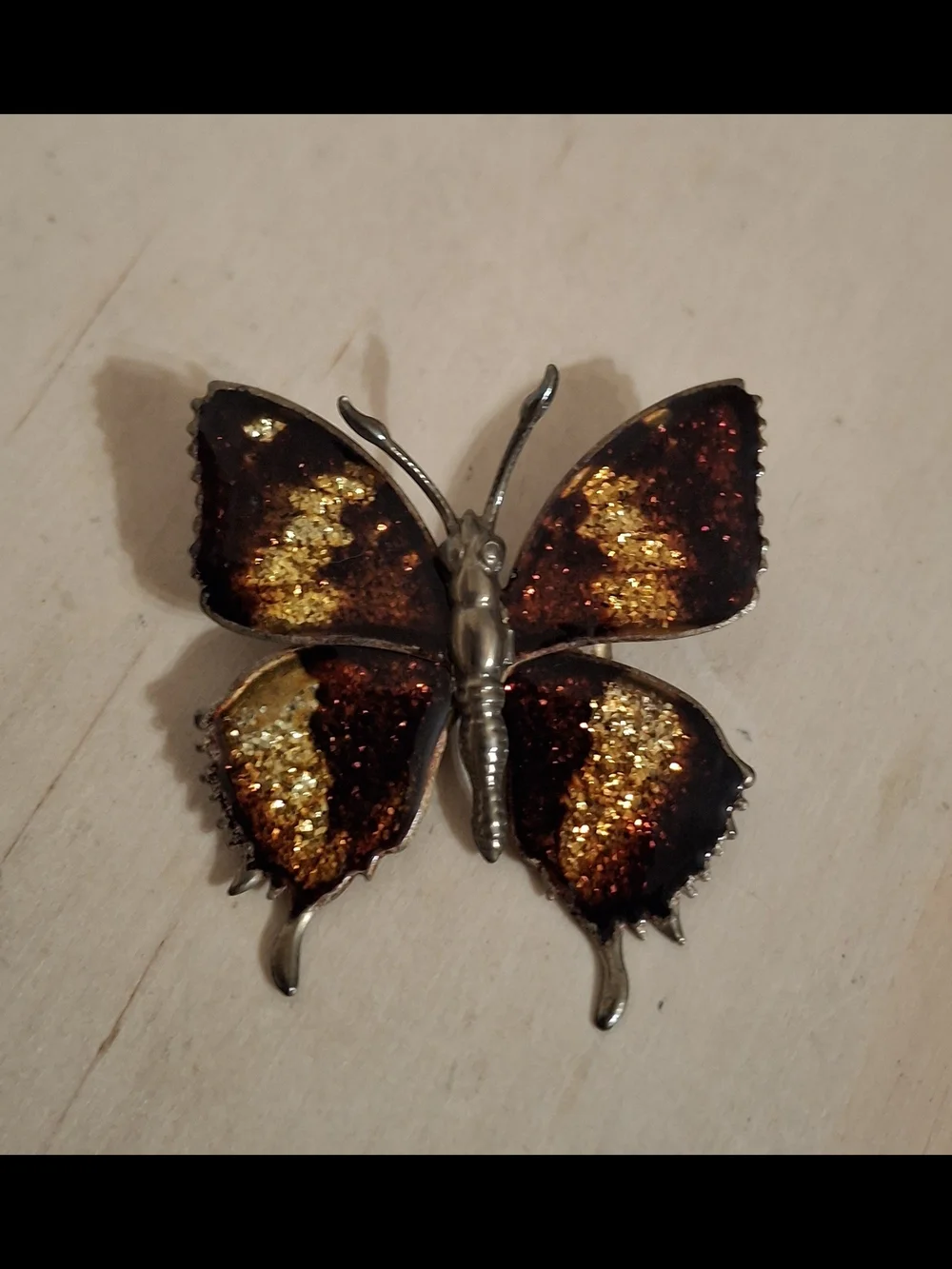 Vintage Butterfly Brooch Pin, Glittery Gold Tone Enamel, Silver metal